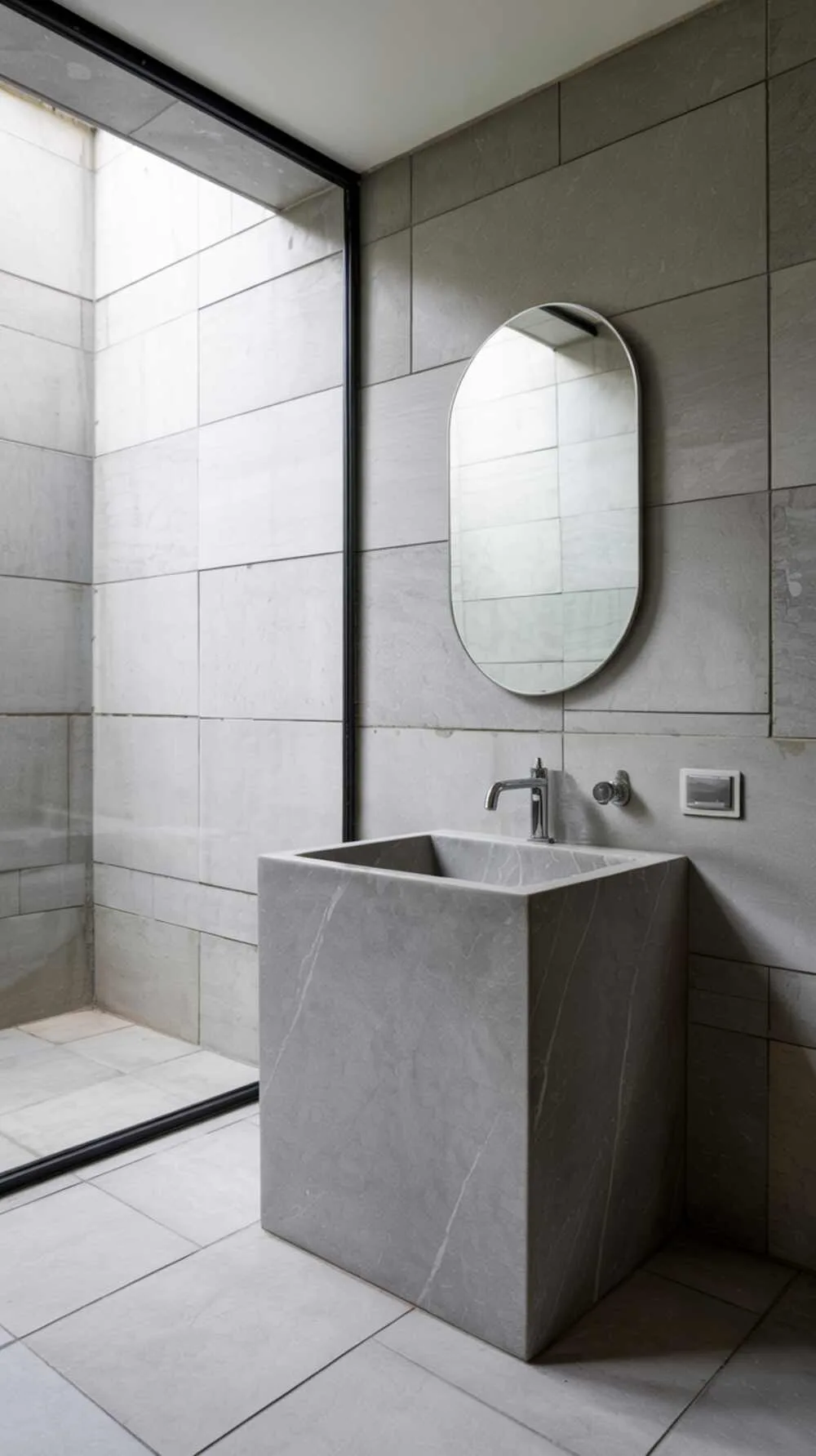 23 Gorgeous Grey Bathroom Ideas for a Stylish Upgrade 18 A minimalist grey bathroom with a rectangular stone sink, chrome faucet, and natural light