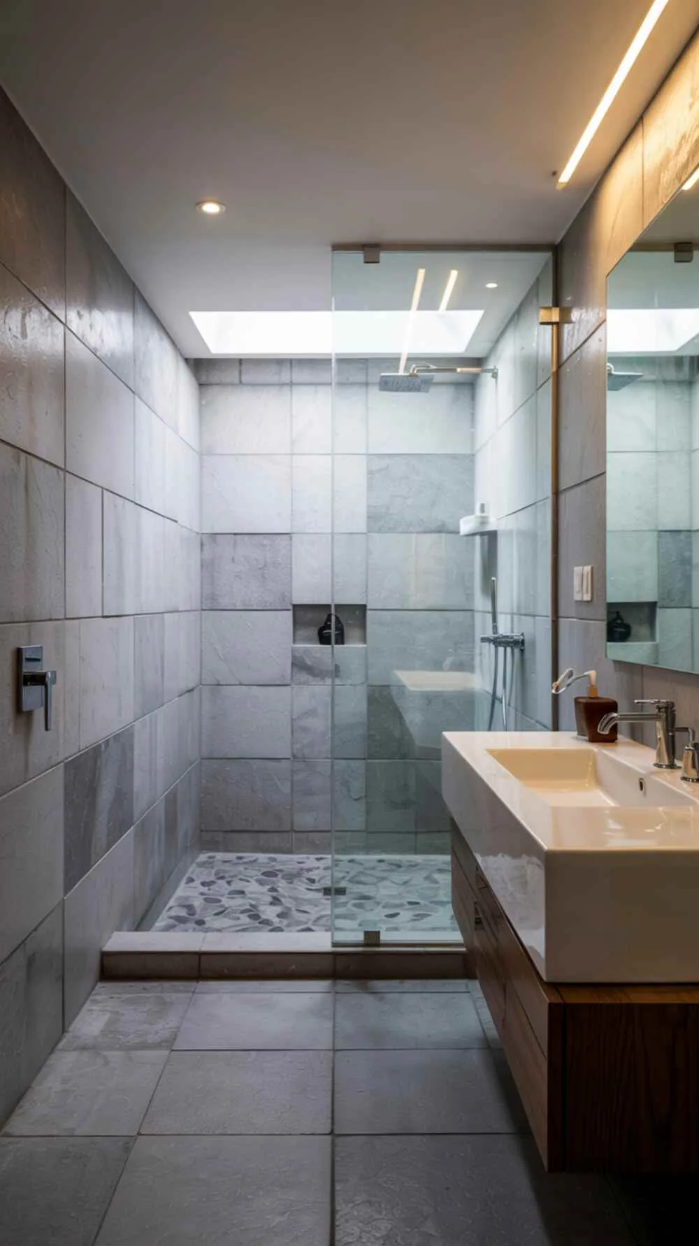 23 Gorgeous Grey Bathroom Ideas for a Stylish Upgrade 19 A modern grey bathroom with a glass walk-in shower, pebble floor, and floating white vanity
