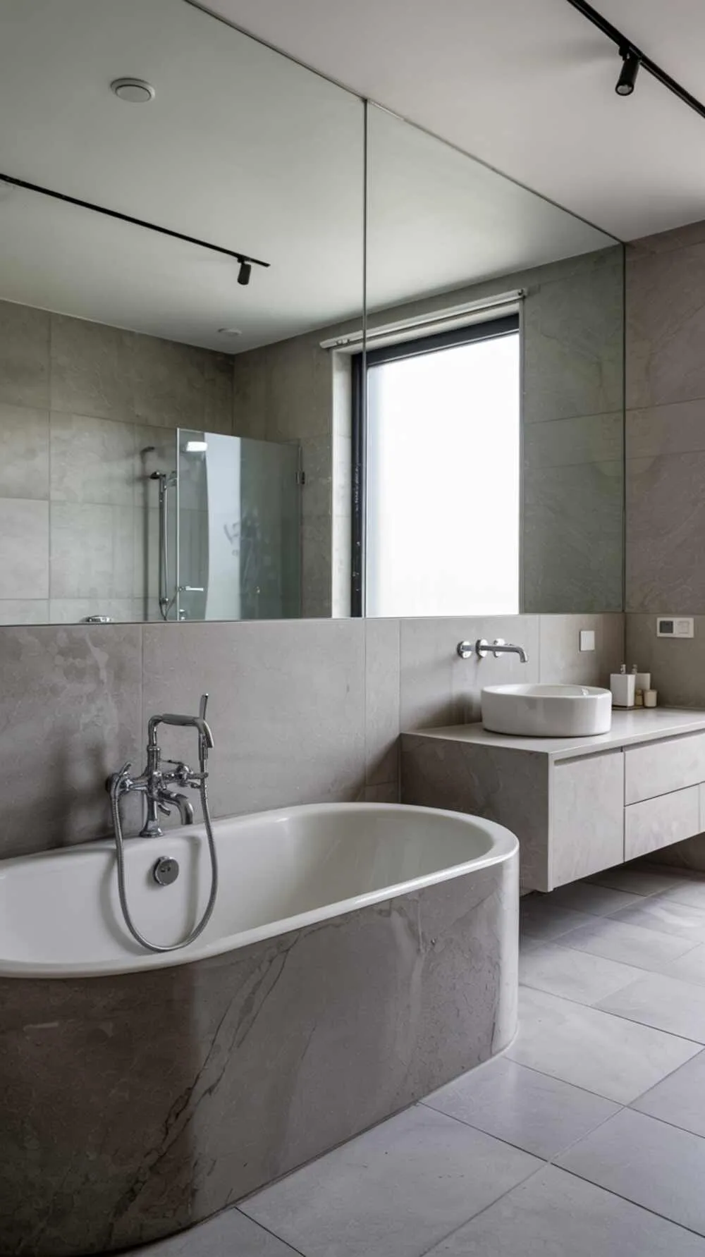 23 Gorgeous Grey Bathroom Ideas for a Stylish Upgrade 20 A modern grey bathroom with a freestanding bathtub, mirrored wall, and matte grey tiles