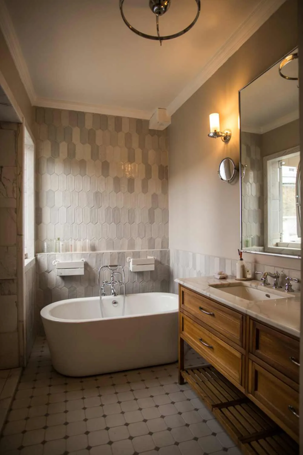 23 Gorgeous Grey Bathroom Ideas for a Stylish Upgrade 21 A stylish grey bathroom with a modern freestanding bathtub, hexagonal tiles, and a wooden vanity