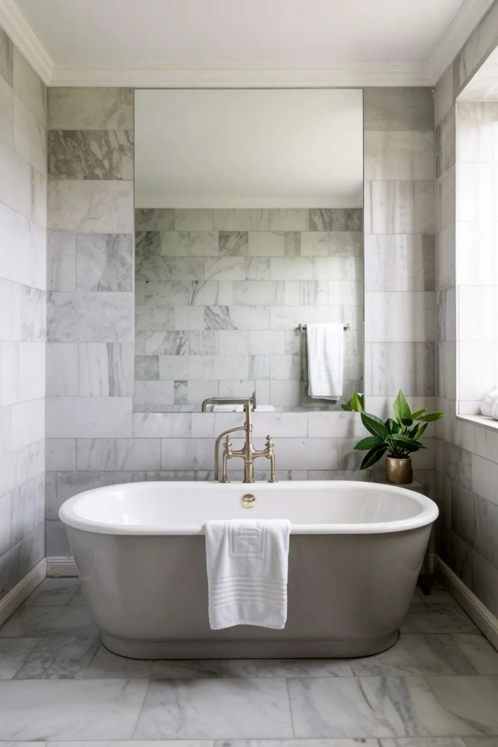 23 Gorgeous Grey Bathroom Ideas for a Stylish Upgrade 22 A stylish grey bathroom with a freestanding bathtub, mirrored wall, and grey marble tiles