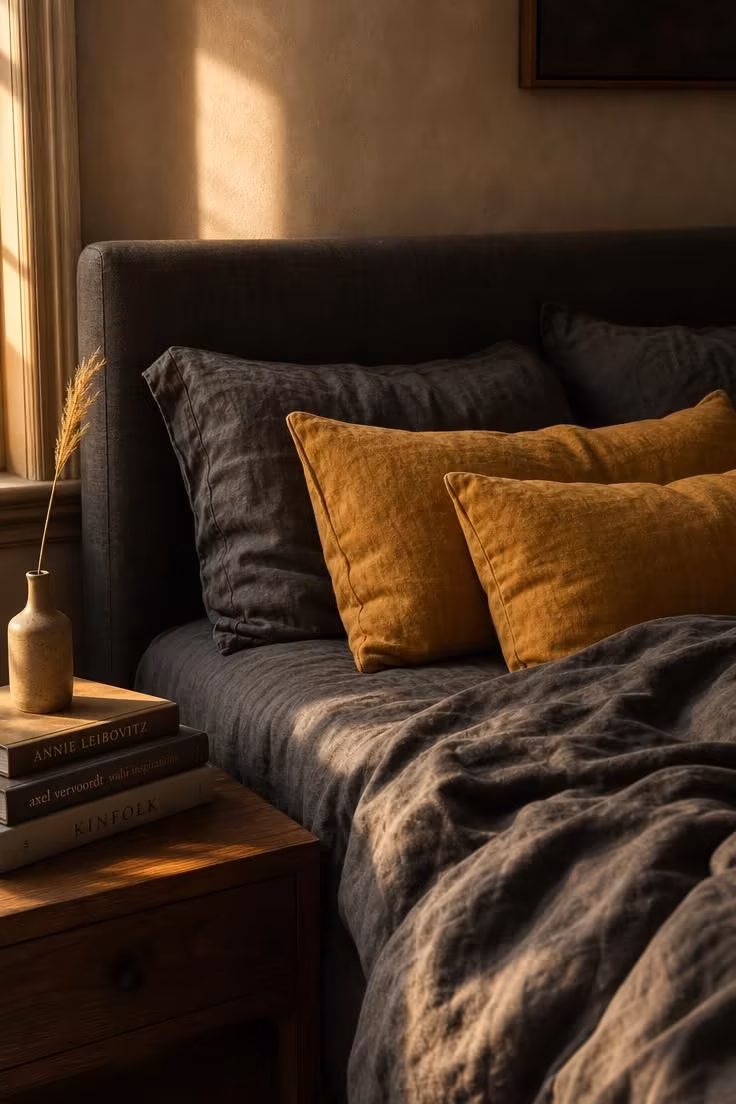 Charcoal upholstered bed frame with mustard linen lumbar pillows in warm afternoon light