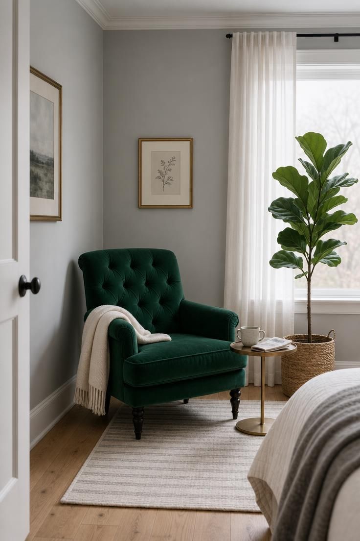 Emerald velvet accent chair in a corner against pale dove grey walls with cool overcast light