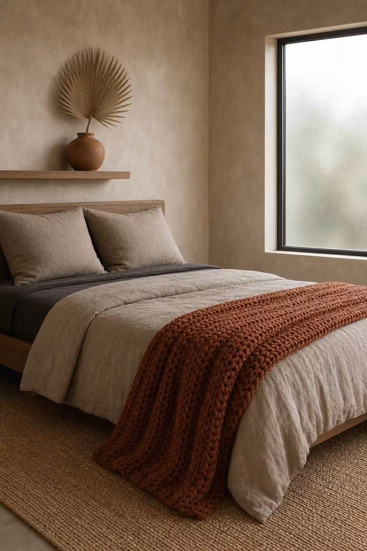 Greige linen duvet with burnt sienna knit throw draped across the bed in soft diffused light