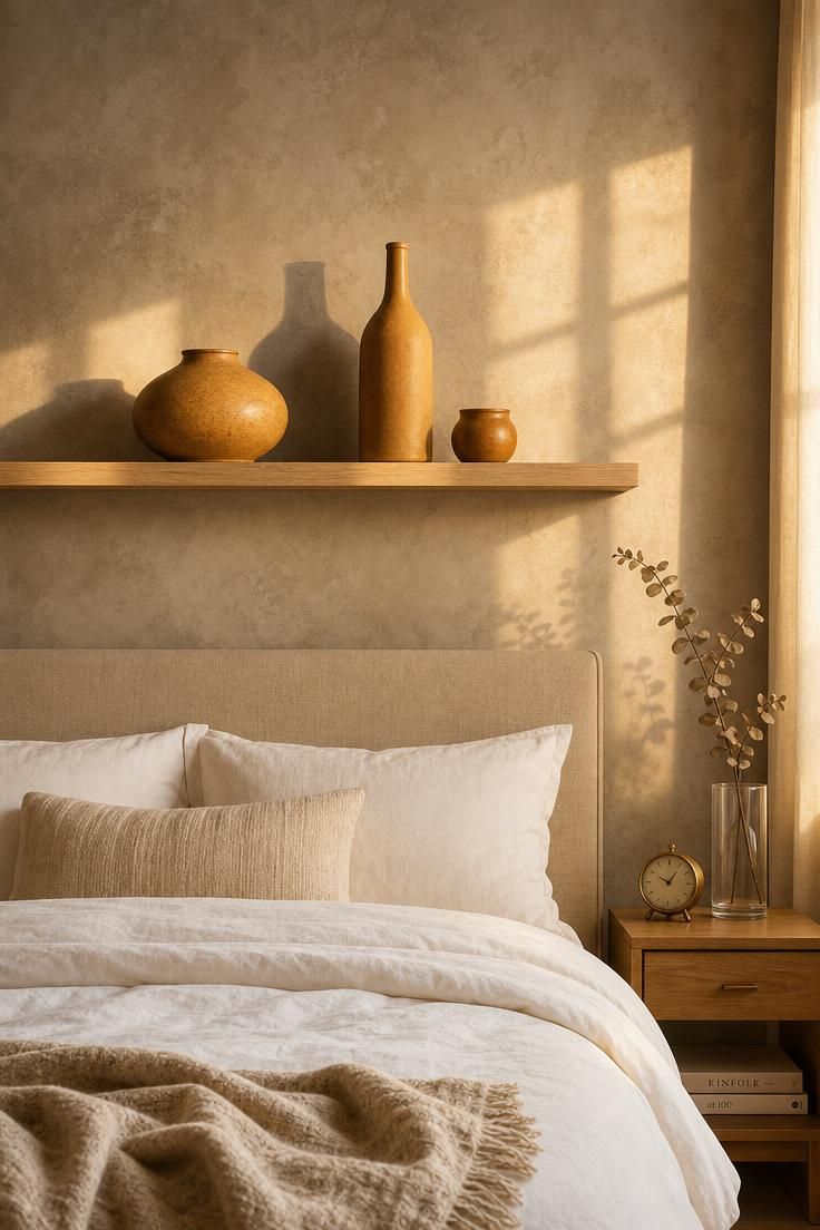 Fog grey accent wall with a floating shelf displaying ochre pottery in warm golden afternoon light
