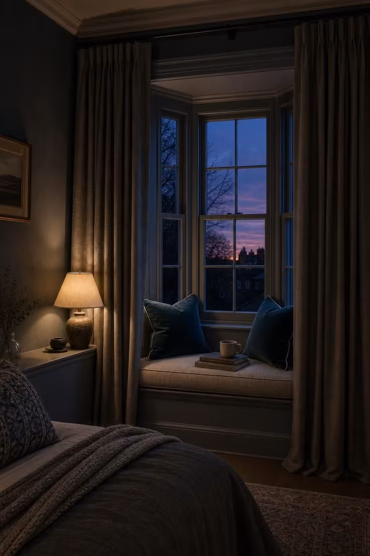 Pewter grey curtains framing a window seat with teal velvet cushions in low evening light