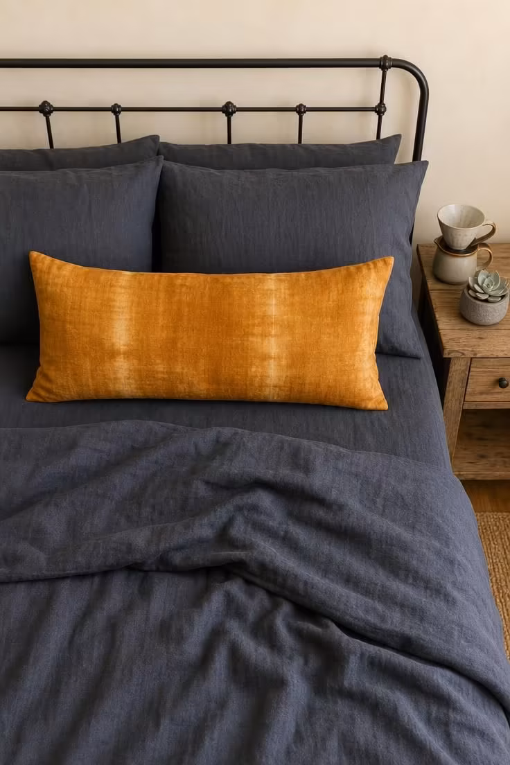 Storm grey linen bedding with a hand-dyed saffron lumbar cover in soft diffused morning light
