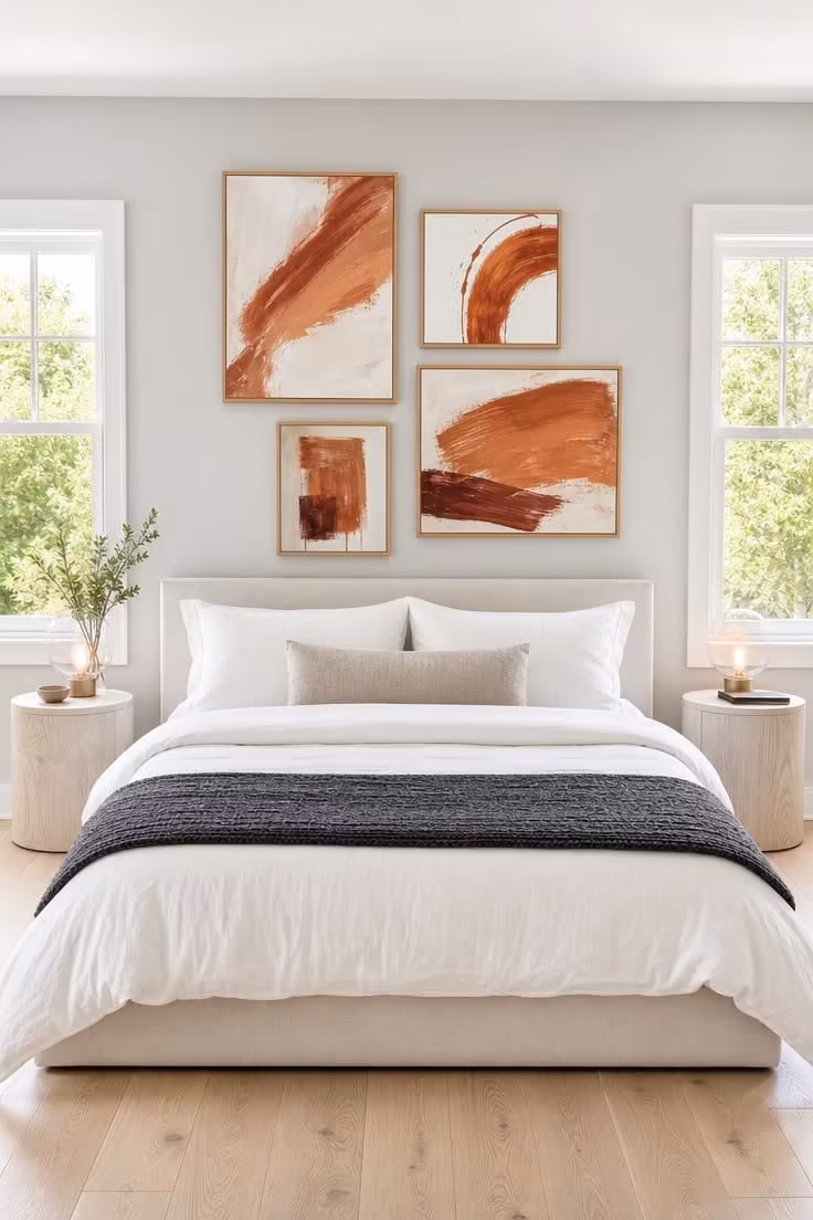 Four paprika-toned abstract prints in a cluster on a silver grey wall with bright midday light