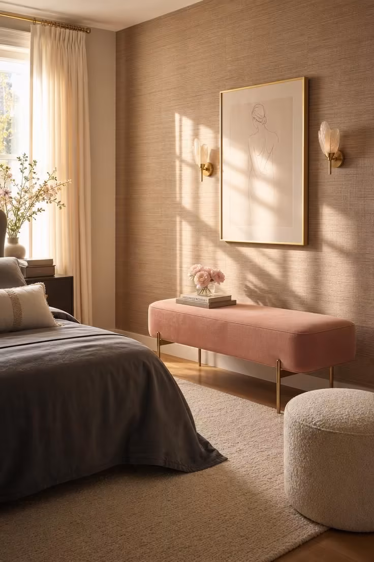Blush pink upholstered bench against ash grey woven grasscloth wallpaper in warm morning light
