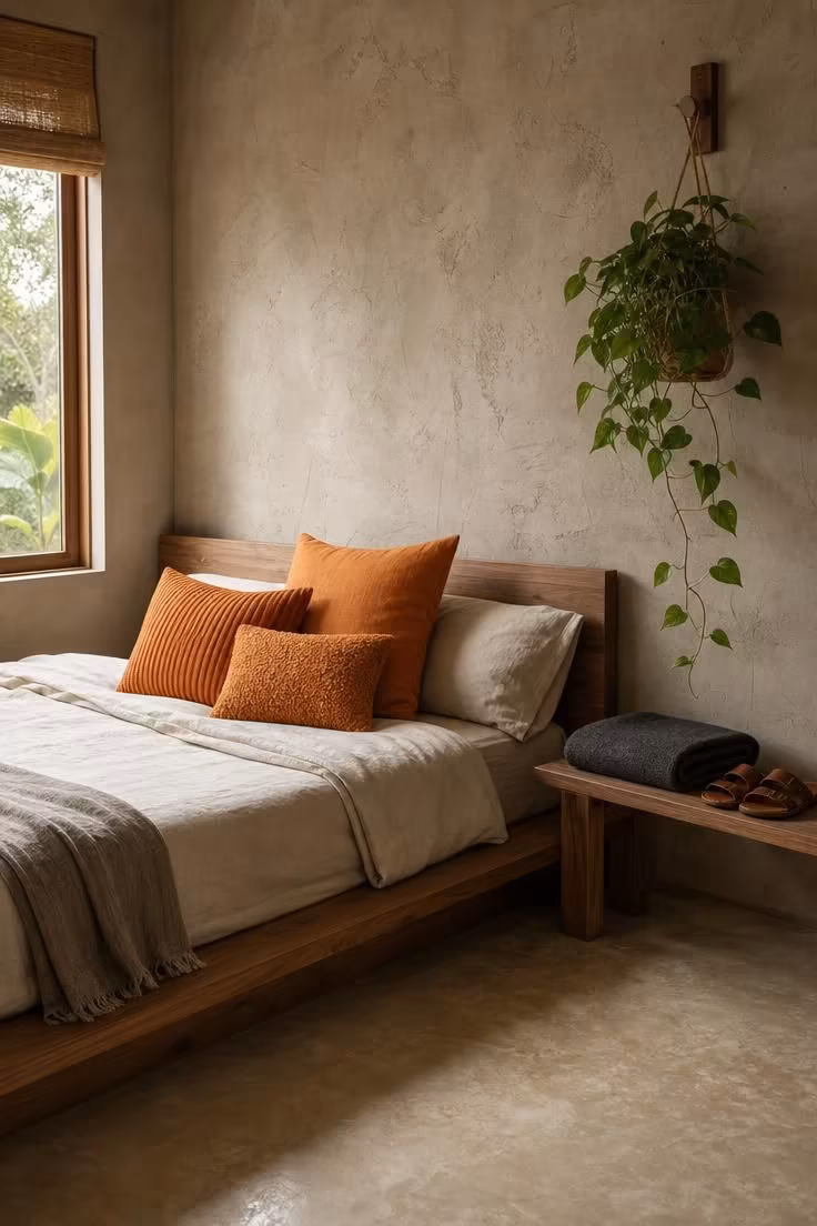 Tangerine throw pillows on a low walnut platform bed against a cement grey plaster wall in soft diffused light