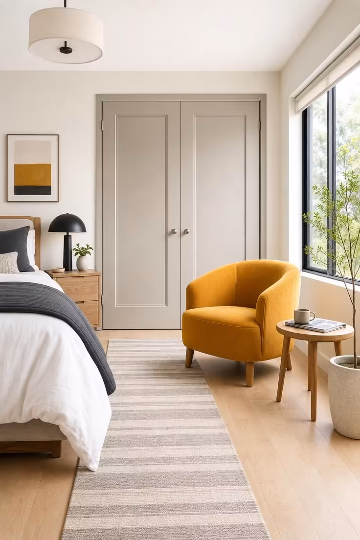Marigold linen armchair in front of nickel grey closet doors in bright midday light