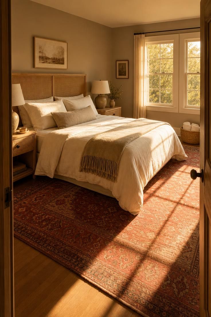 Oversized vermillion woven rug on the floor of a warm greige bedroom in golden afternoon light