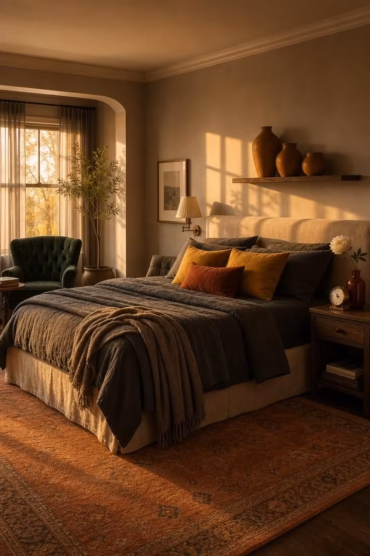 Simple Spaces 17 A warm grey bedroom with layered pops of color including mustard pillows, emerald chair, and ochre pottery in golden hour light