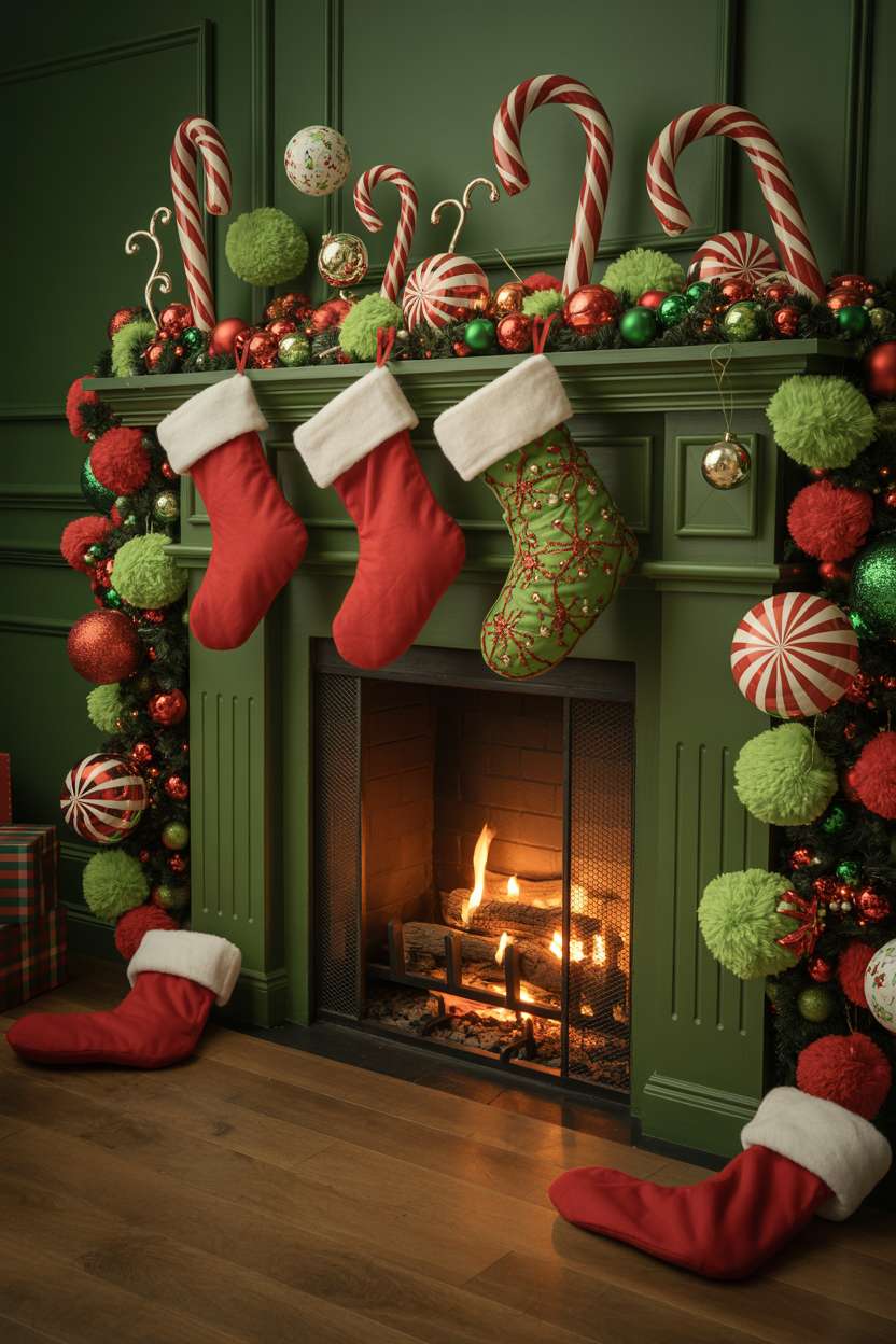 Mantelpiece decorated with vibrant green and red garlands, fuzzy pom-pom ornaments, and candy cane swirls