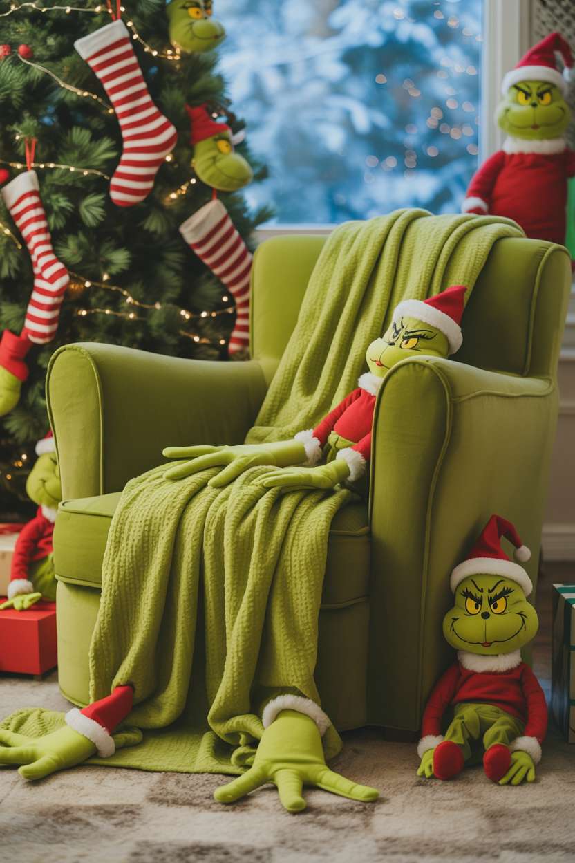 Plush armchair with lime green throw blanket and Grinch hand-shaped ornaments