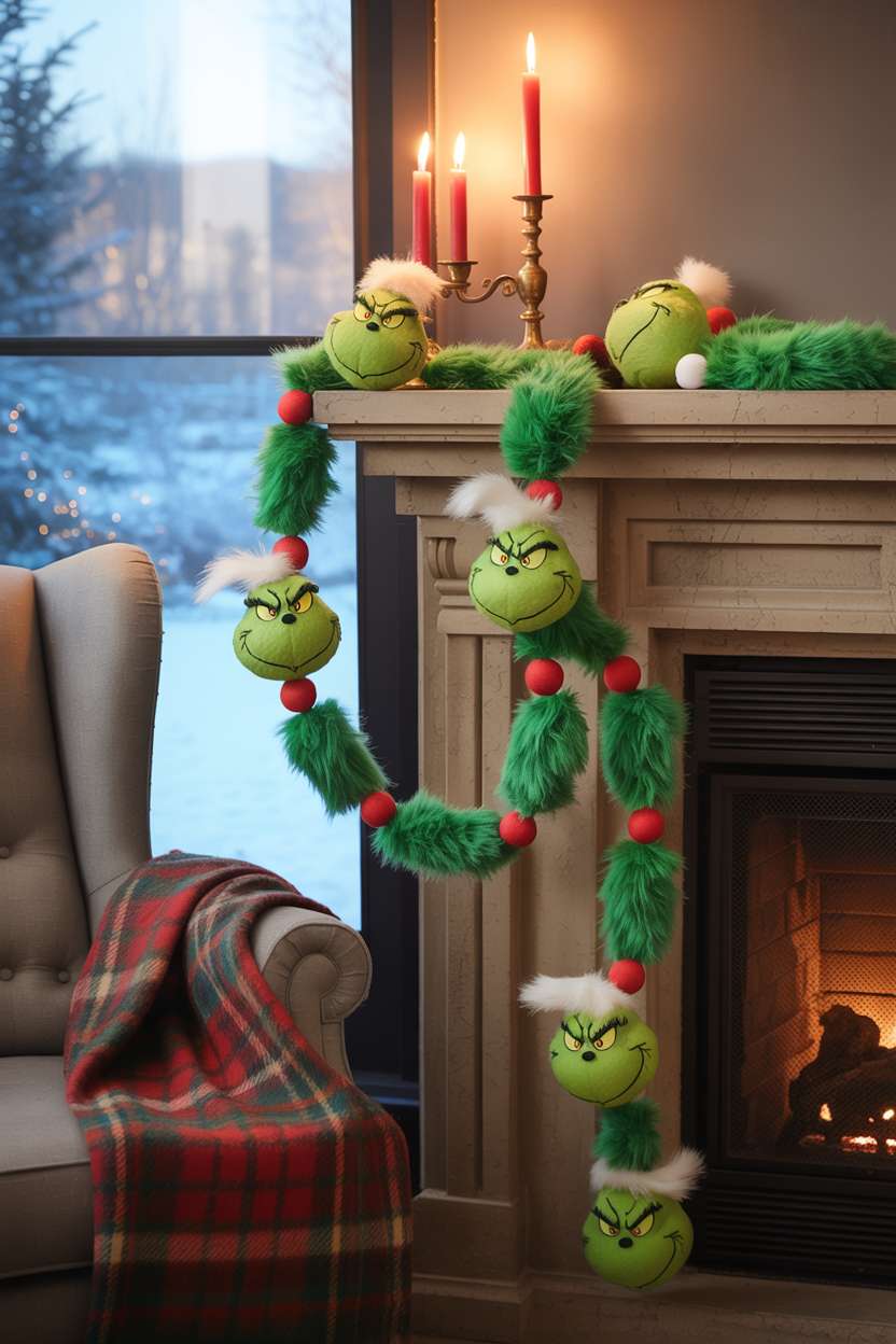 Fireplace with green felt garland featuring oversized pom-poms and Grinch faces