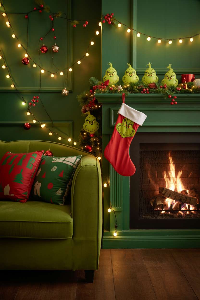 Plush green velvet sofa decorated with oversized ornaments and Grinch face garland