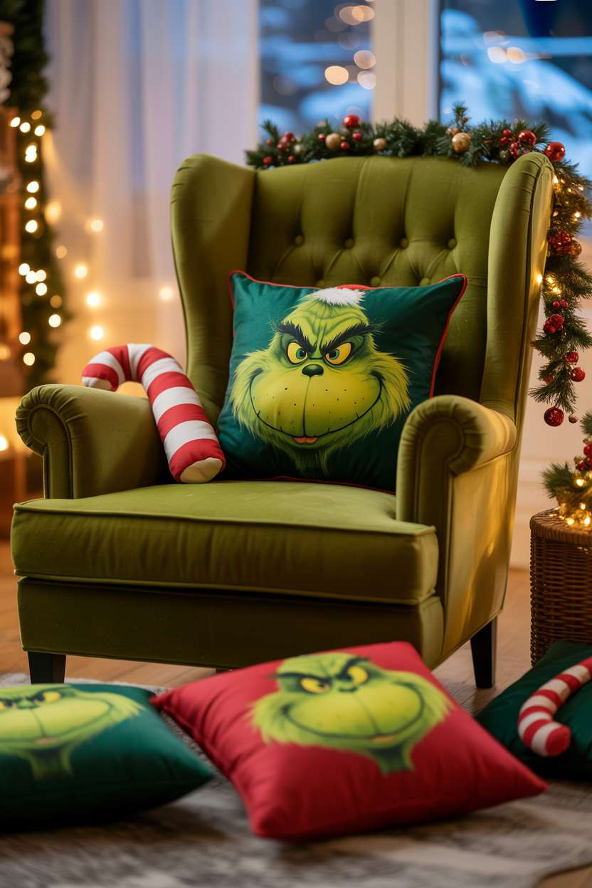 Forest green velvet armchair with festive garland and Grinch-patterned cushions