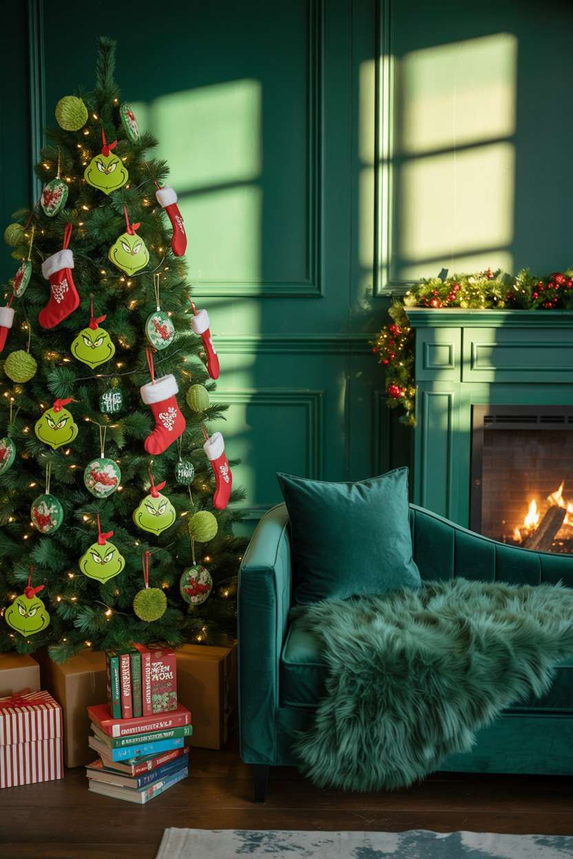 Green fir tree decorated with Grinch-themed ornaments and emerald green lights