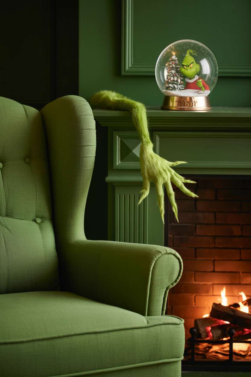 Emerald green armchair near fireplace with Grinch hand ornament and Whoville snow globe