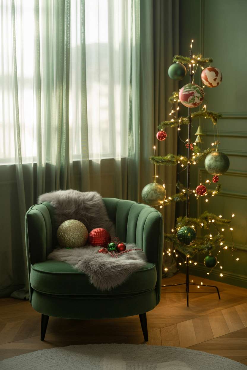 Emerald green armchair and minimalist tree with quirky oversized ornaments