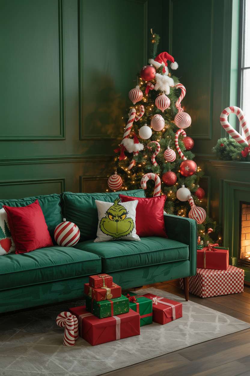 Green velvet sofa with red and white ornaments and brightly wrapped presents