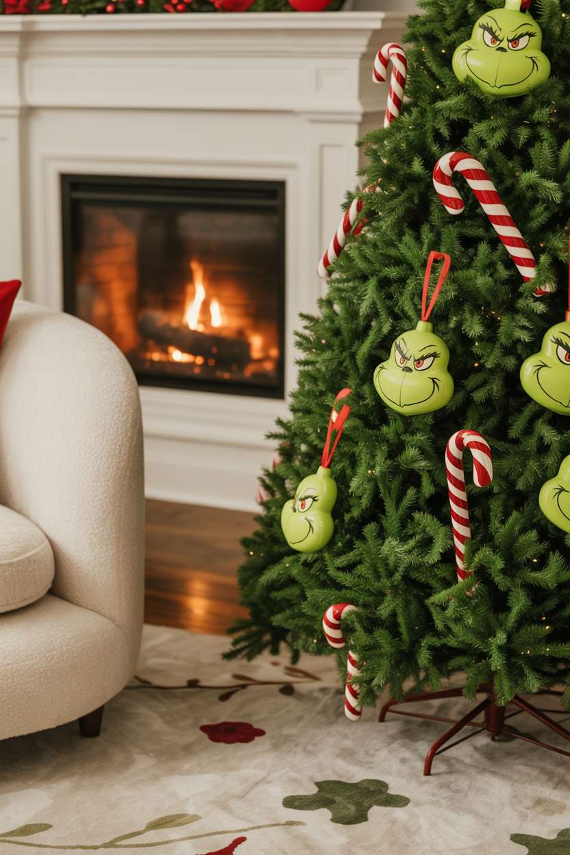 Green Christmas tree decorated with Grinch faces and oversized candy canes