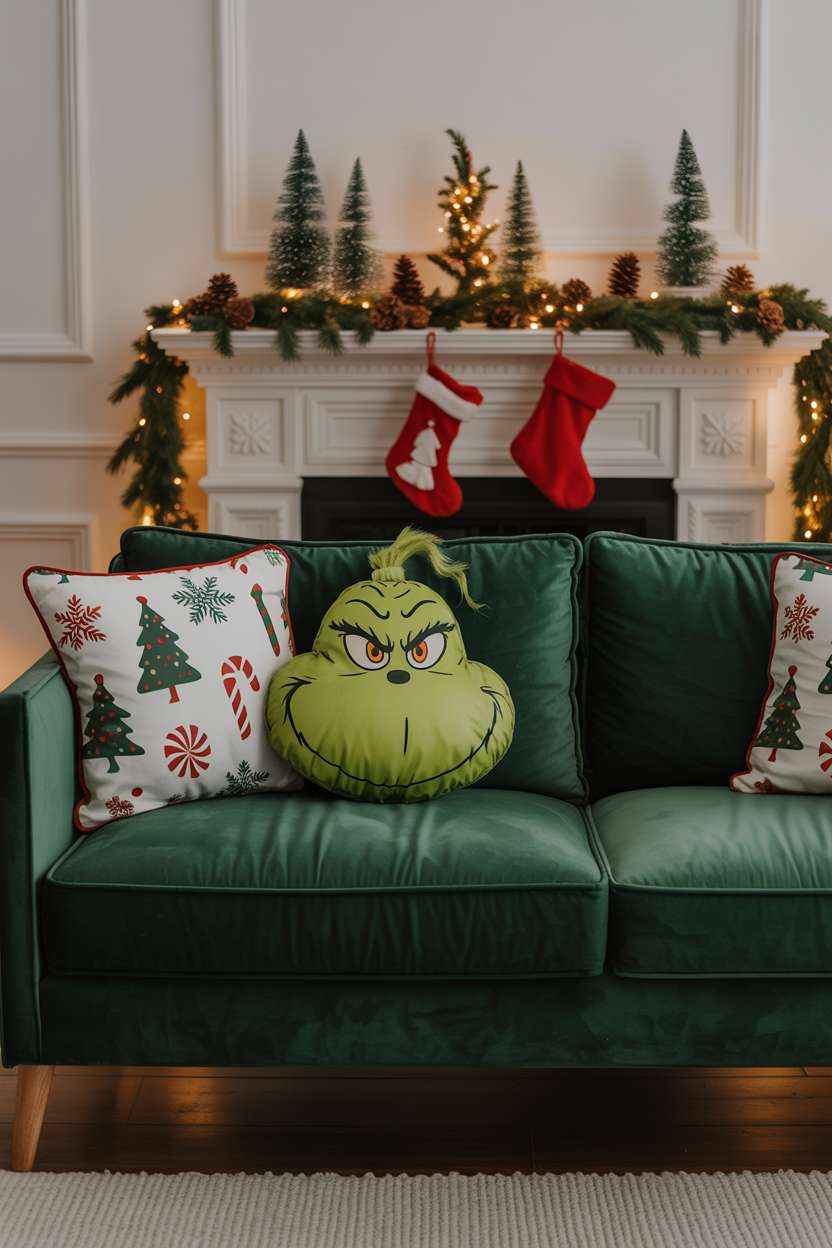 Deep emerald green sofa with festive pillows and mantelpiece display with Grinch heart ornament