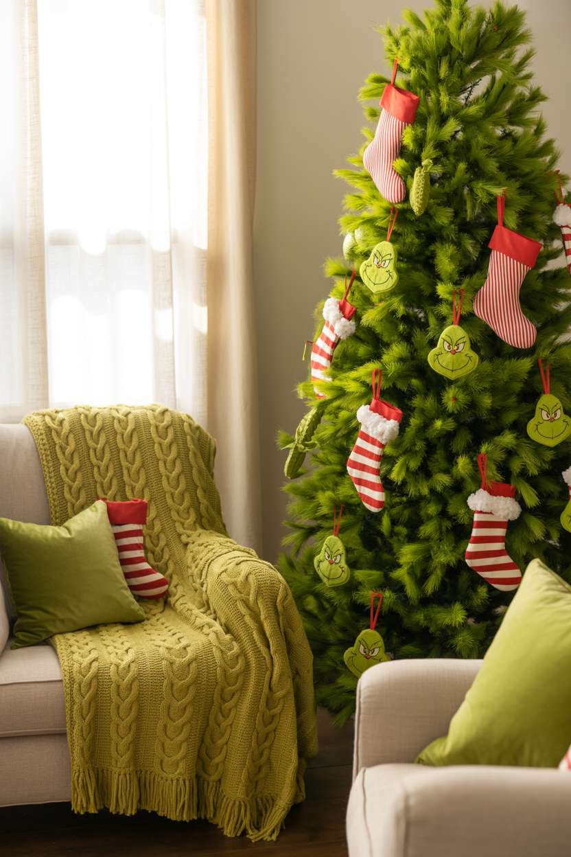 Christmas tree with handmade felt ornaments and armchair with hand-knitted green blanket