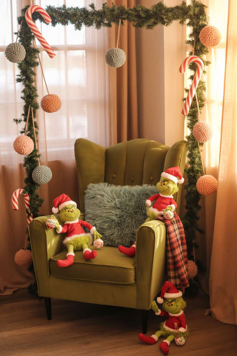 Armchair with green throw blanket, Grinch figurines, and slightly askew pom-pom ornaments