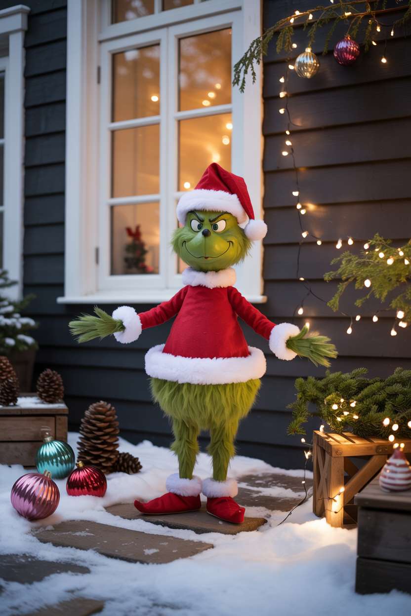 Grinch figure on snow-dusted porch with pine cones, baubles, and fairy lights