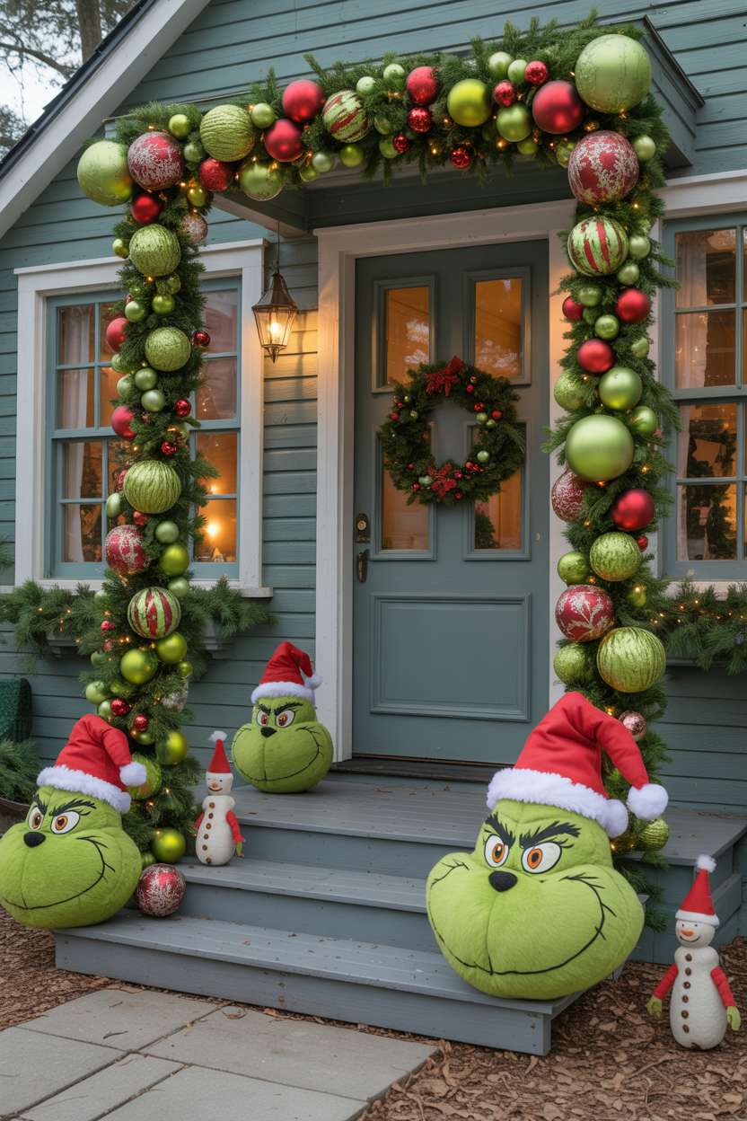 Home porch decorated with green pine garlands, oversized hand-painted ornaments, and wreath