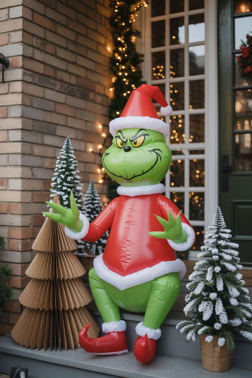 Inflatable Grinch figure with mischievous grin on porch with paper snowflakes and mini trees