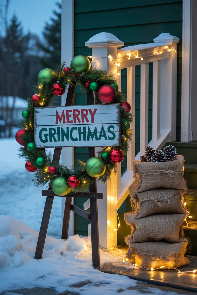 Wooden Merry Grinchmas sign on snowy porch with pine wreath and oversized ornaments