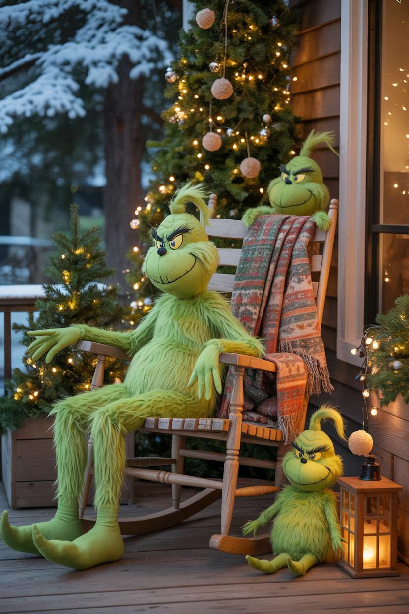 Large plush Grinch figures on porch with twinkling lights and wooden rocking chair