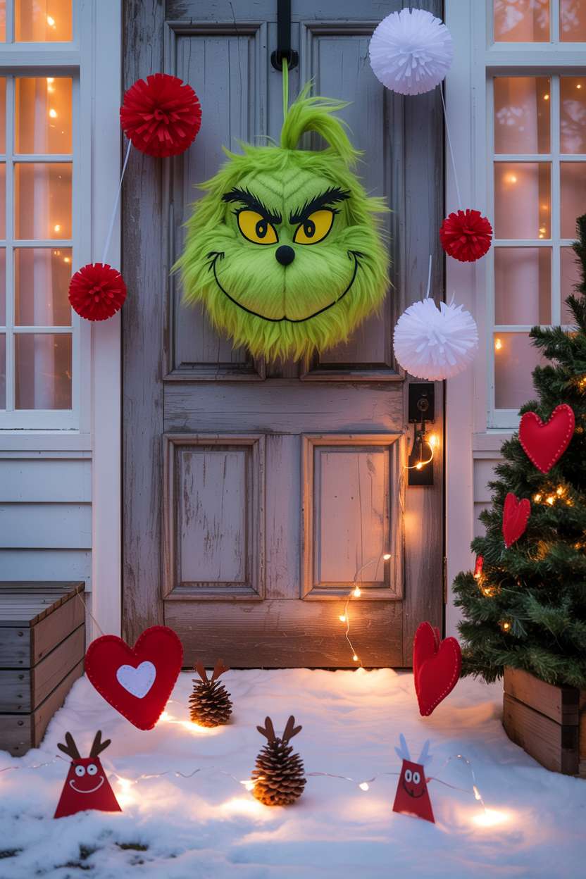 Green wreath shaped like Grinch face on wooden door with oversized pom-poms