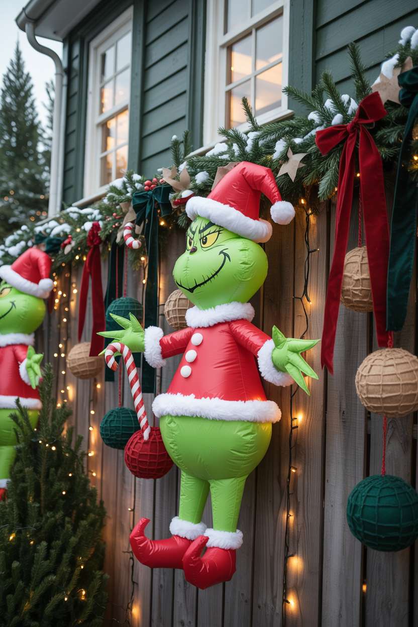 Rustic fence decorated with lights and inflatable Grinch figures in Santa hats