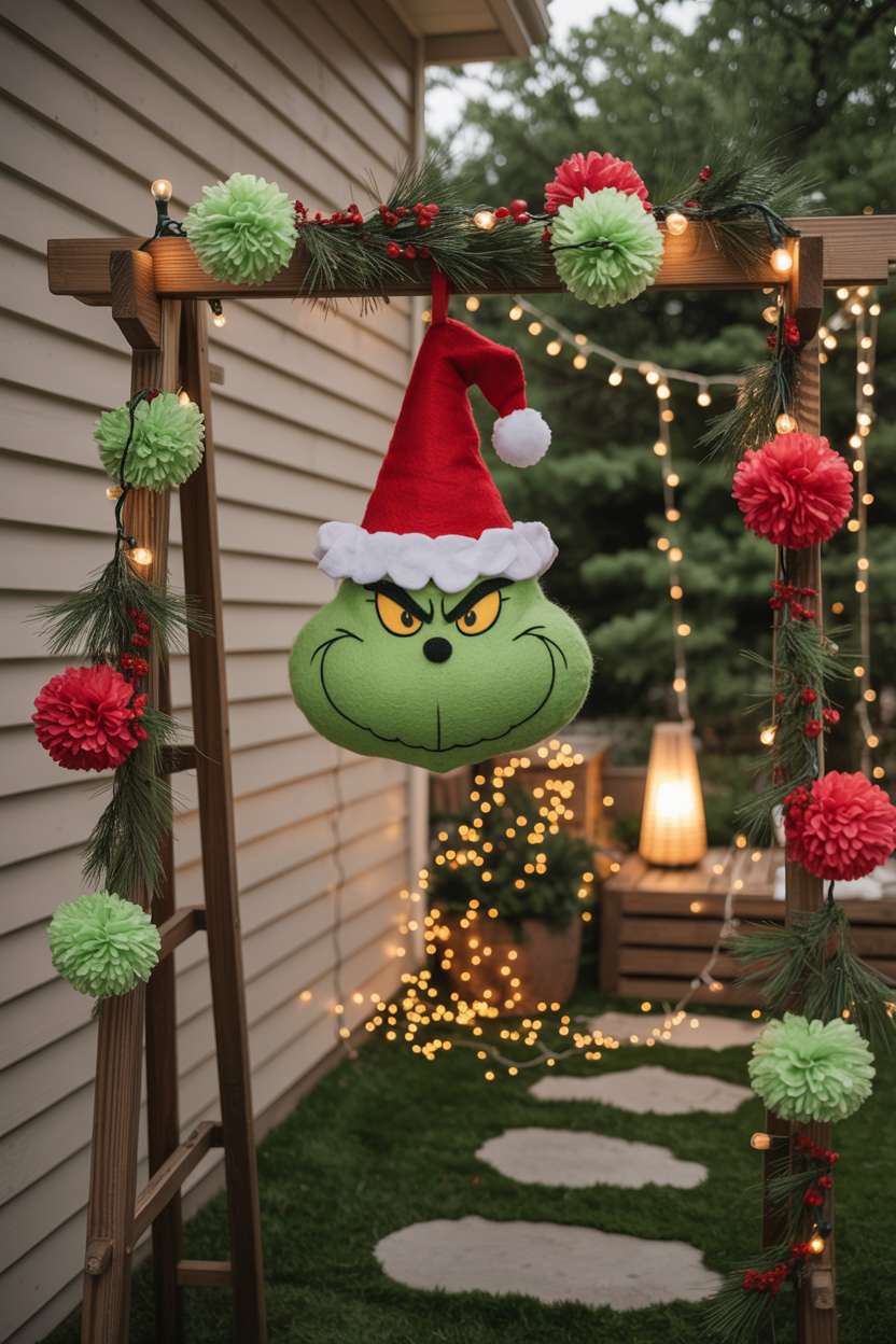 Handmade felt Grinch face with mischievous eyes on rustic wooden archway