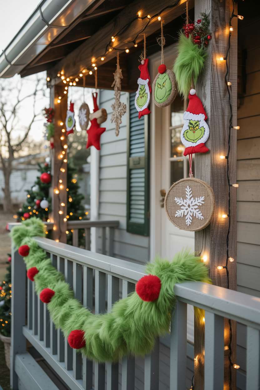 Porch railing with green faux fur garland, red pom-poms, and twinkling lights