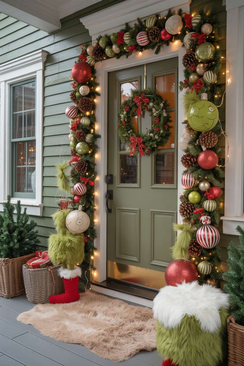 Front door with handmade pinecone and ribbon wreath illuminated by woven string lights