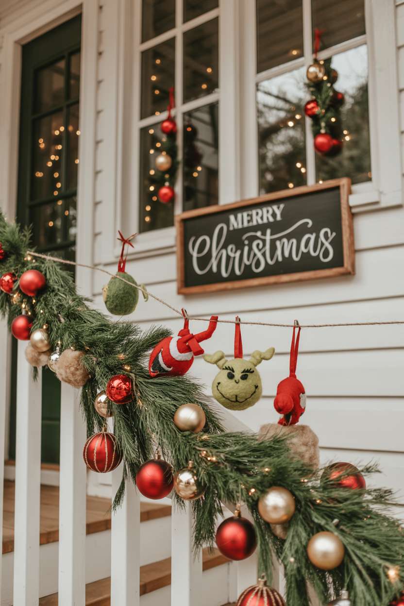 Porch railing with vibrant garland, hand-crafted Grinch ornaments, and calligraphy sign
