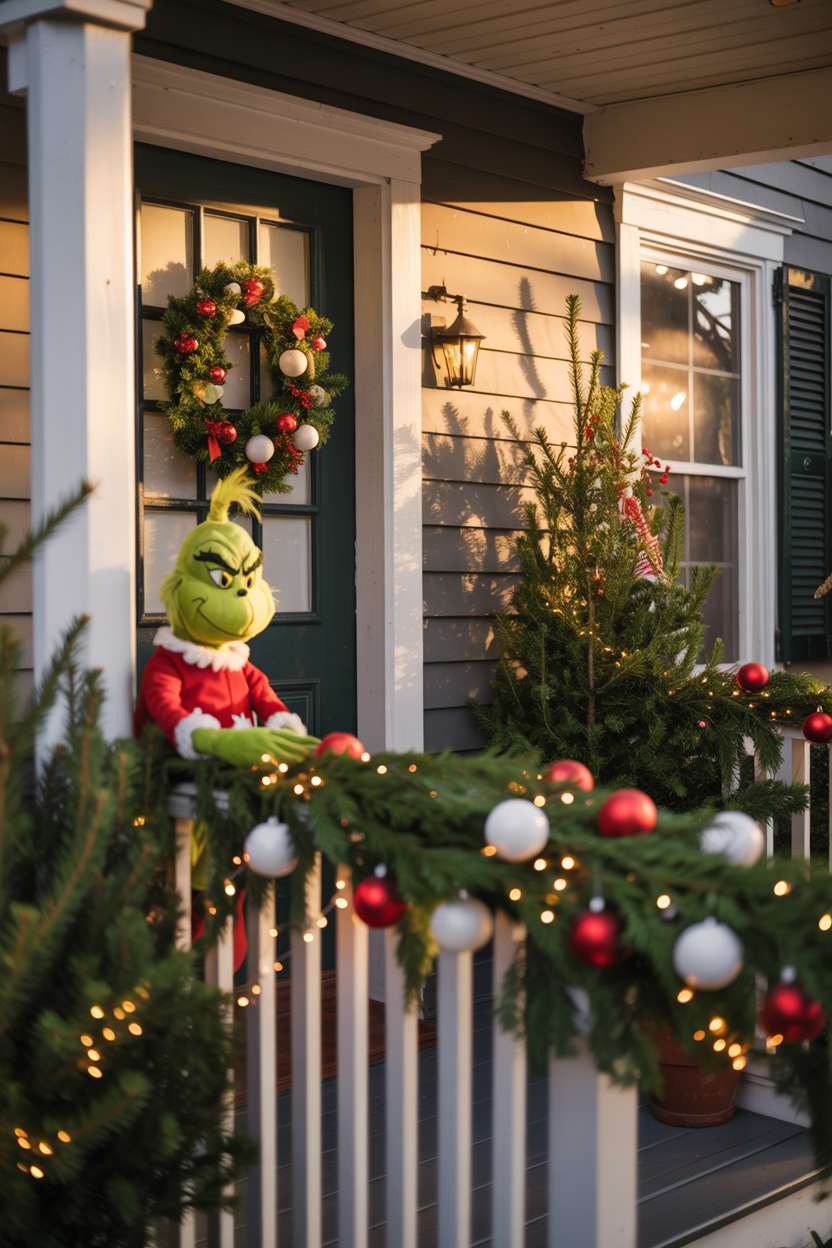 Doorway with pine wreaths and plush Grinch figures behind potted evergreen trees