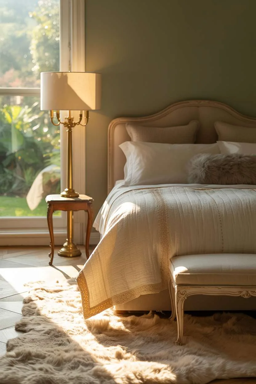 Luxurious bedroom with sage green walls, white linen bedding, brass floor lamp, and garden view window