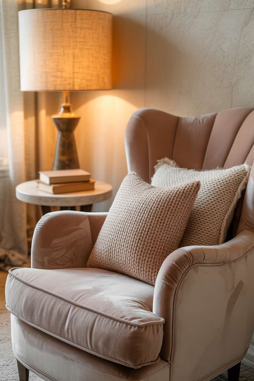 25 Dreamy Grown Woman Bedroom Ideas for Daily Luxury 2 Plush dove-grey velvet armchair with knitted throw pillows beside floor lamp and vintage books