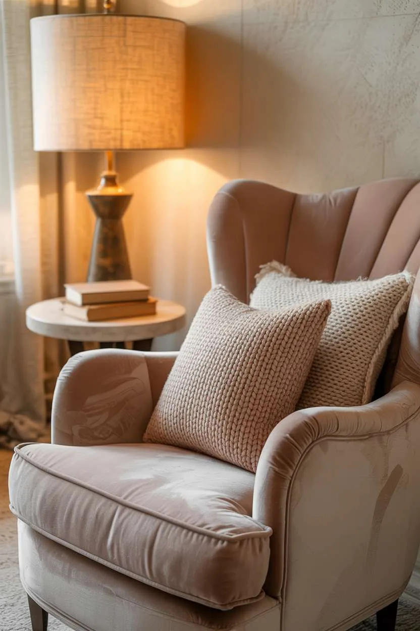 Plush dove-grey velvet armchair with knitted throw pillows beside floor lamp and vintage books