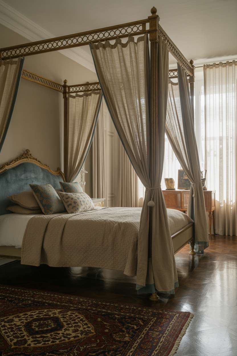 25 Dreamy Grown Woman Bedroom Ideas for Daily Luxury 3 Ornate four-poster bed with cream linens and sapphire blue velvet headboard in elegant bedroom