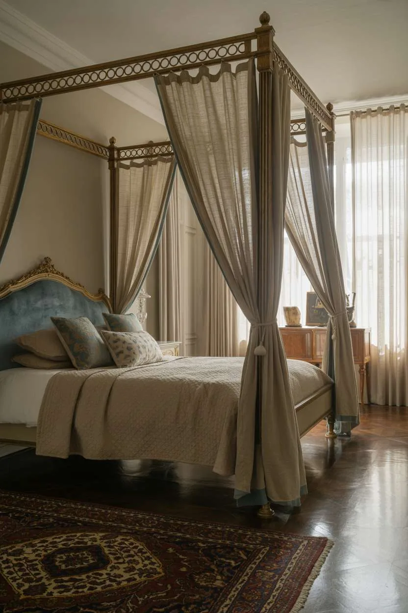 Ornate four-poster bed with cream linens and sapphire blue velvet headboard in elegant bedroom