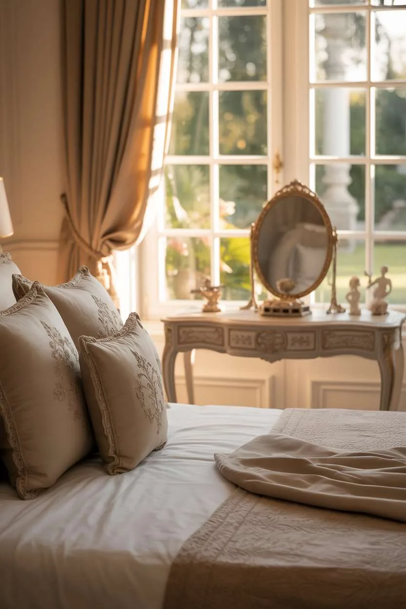 King-size bed with embroidered pillows and antique vanity near garden-view window
