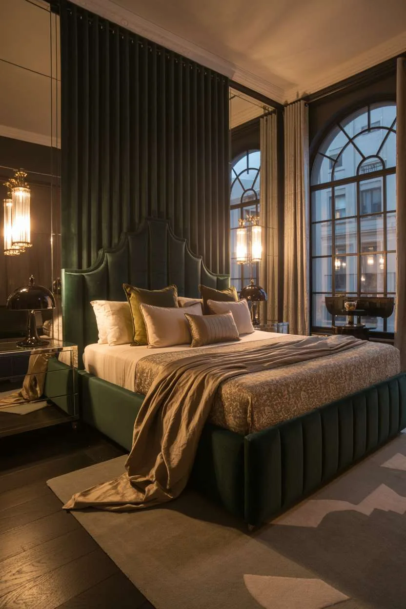 Art Deco bedroom with emerald velvet headboard, silk bedding, and mirrored dresser