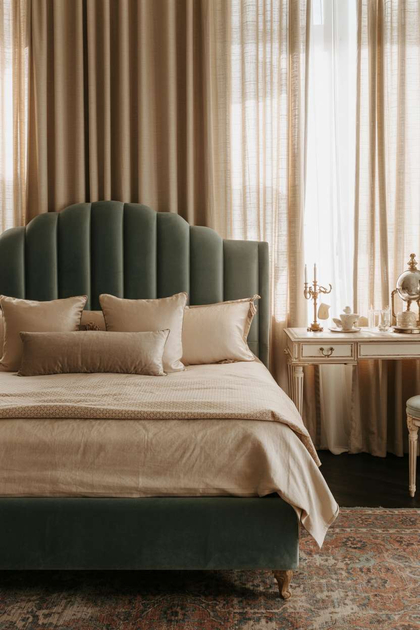 25 Dreamy Grown Woman Bedroom Ideas for Daily Luxury 6 King-sized bed with dark teal velvet headboard, cream linens, and Persian rug